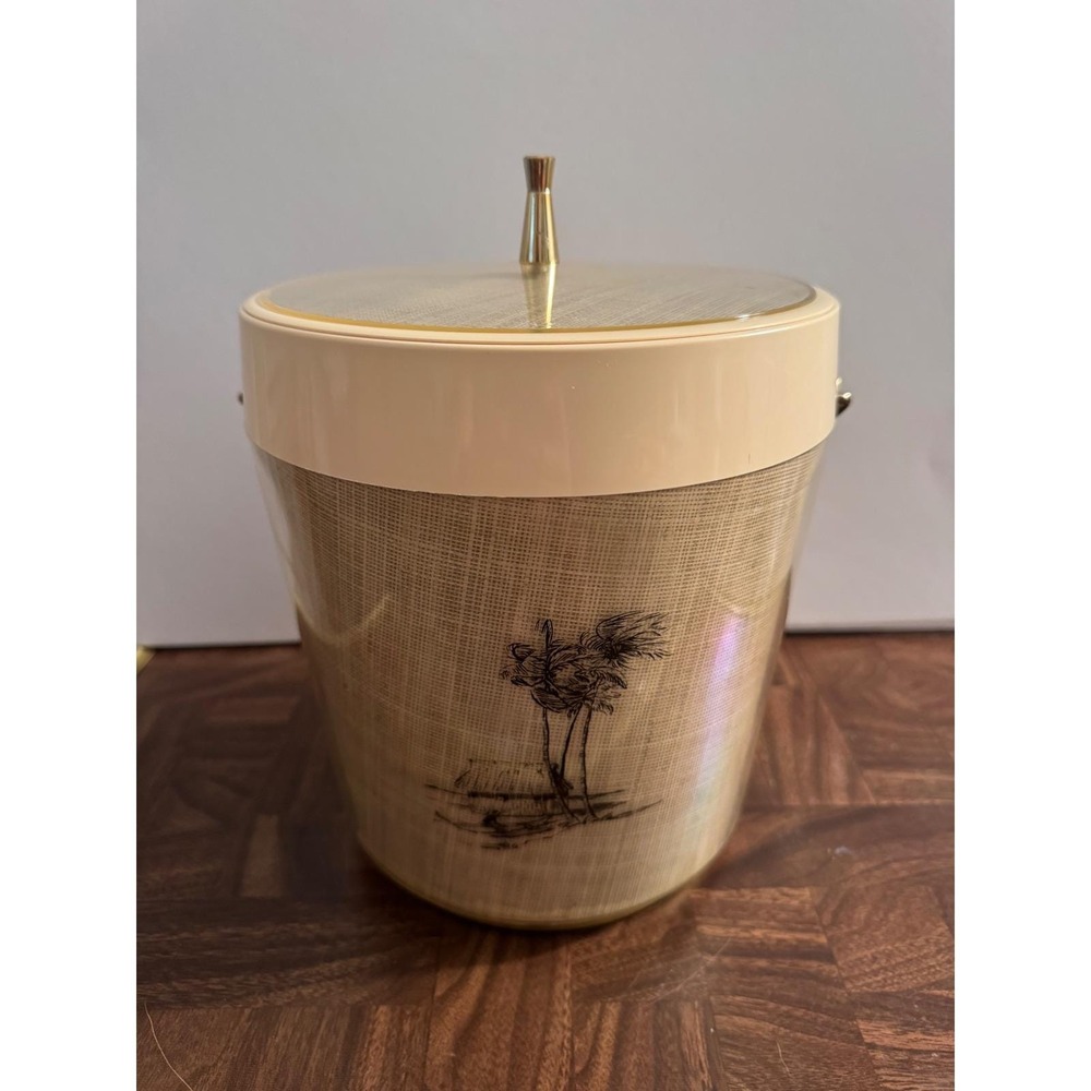 Vintage MCM Tiki Ice Bucket Palm Tree Faux Raffia Made in USA - Picture 1 of 8